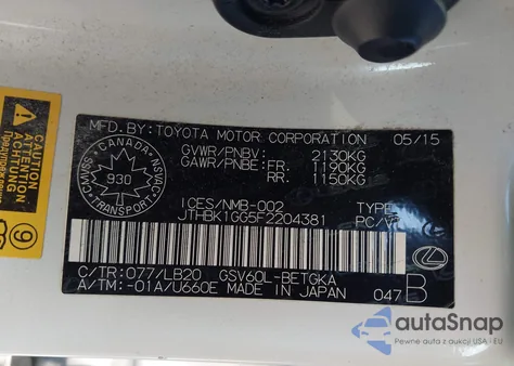 2015 Lexus Es 350 из США, поврежденный, VIN JTHBK1GG5F2204381